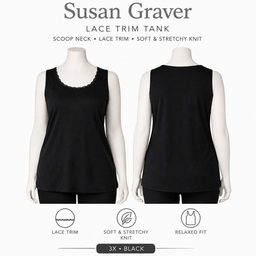 Susan Graver Lace Trim Tank‎ Top Black Scoop Neck Soft Stretchy Knit 3X NEW